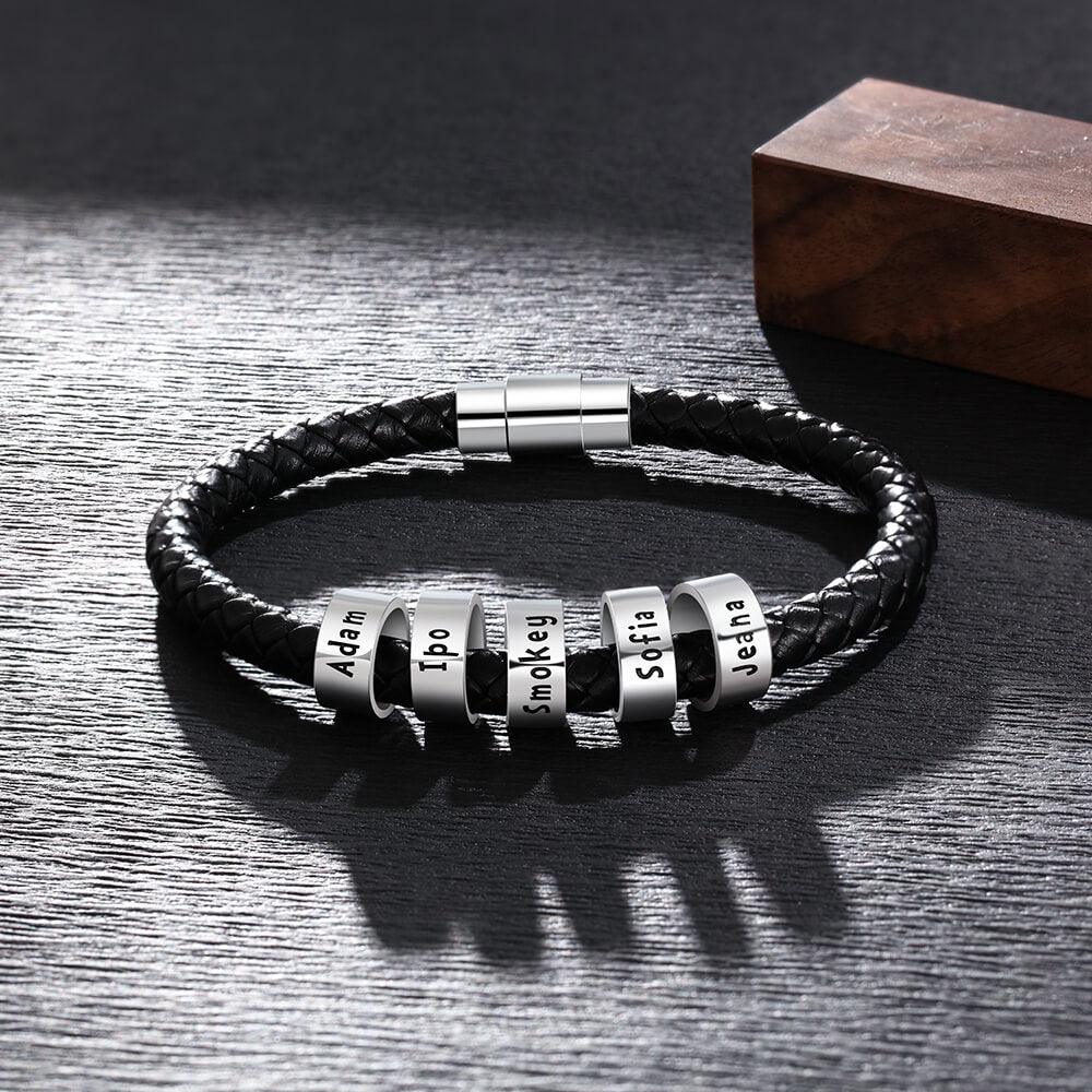 Men's Leather Bracelet - 5 Beads