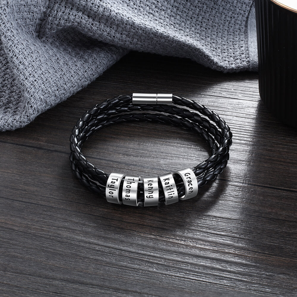 Men's Leather Bracelet - 5 Beads