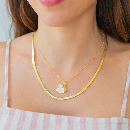 Mother Of Pearl Initial Heart & Herringbone Necklace Set