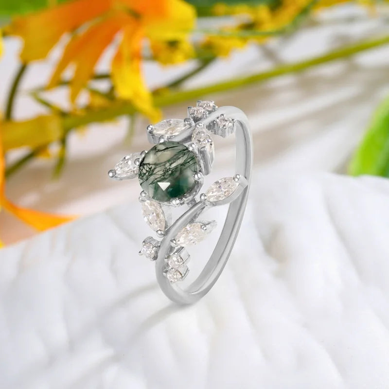 Moss Agate Branch Wedding Ring