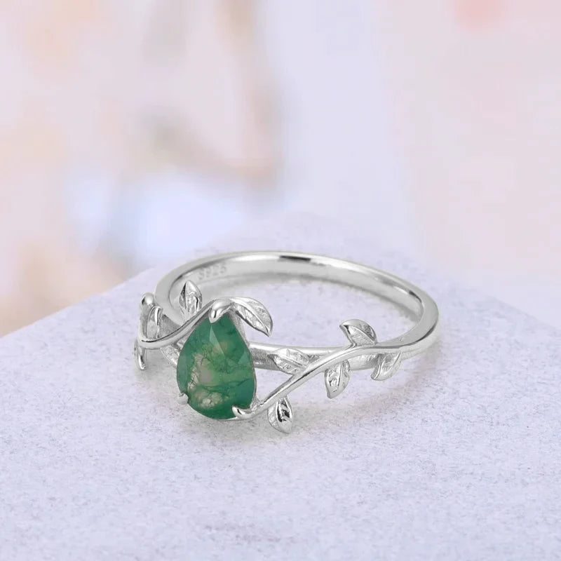 Moss Agate Ring Pear Cut Sterling Silver