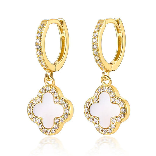 MOTHER OF PEARL DIAMANTE CLOVER HUGGIE HOOP EARRINGS