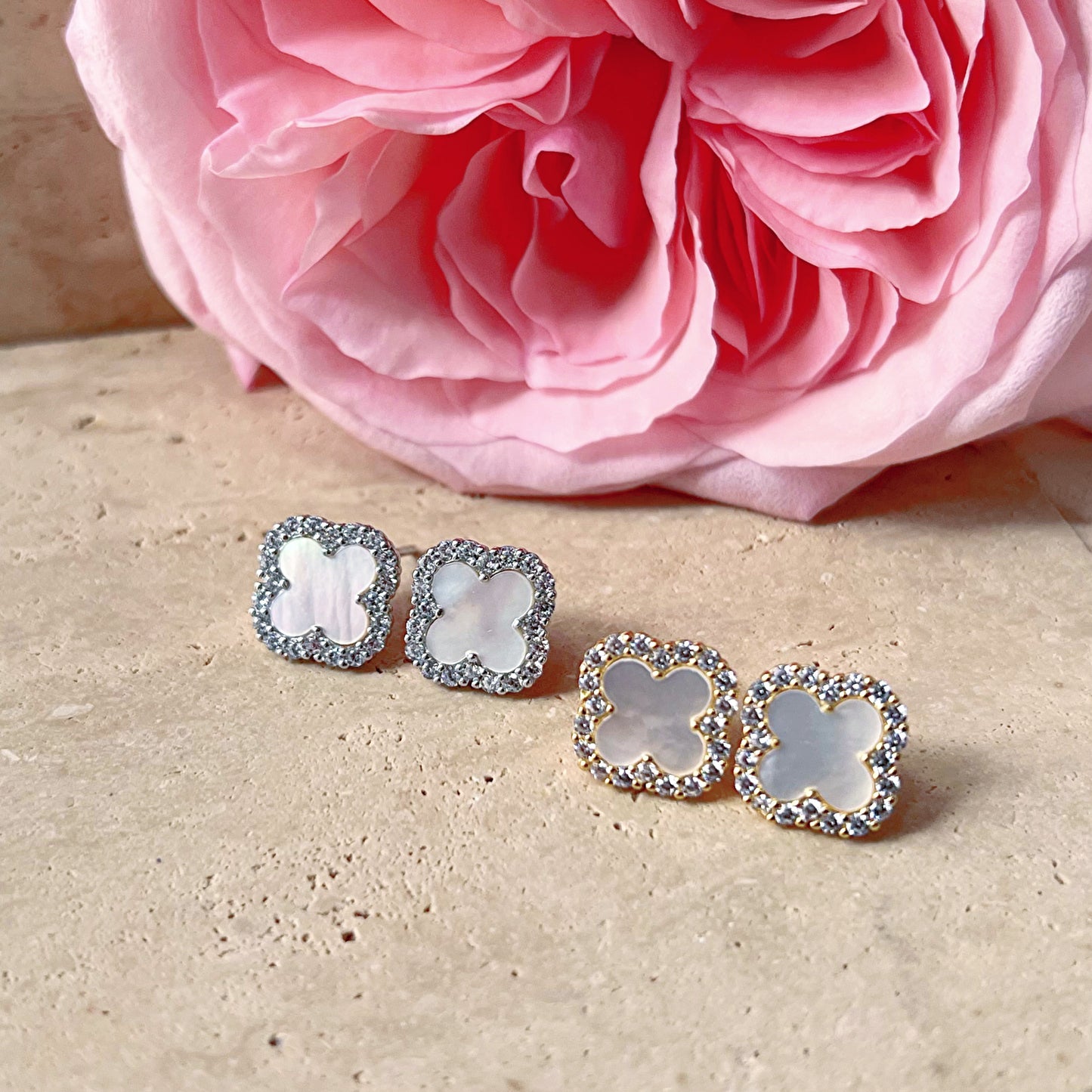 Mother Of Pearl Diamanté Clover Stud Earrings