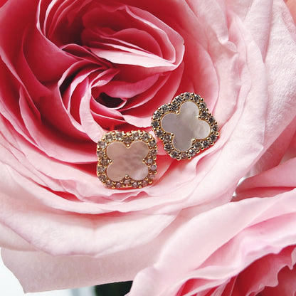 Mother Of Pearl Diamanté Clover Stud Earrings