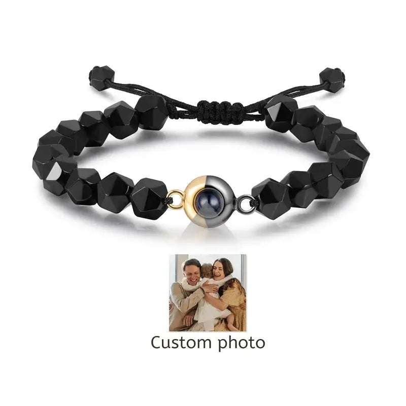 Obsidian Beaded Personalized Projection Photo Bracelet with Picture Inside