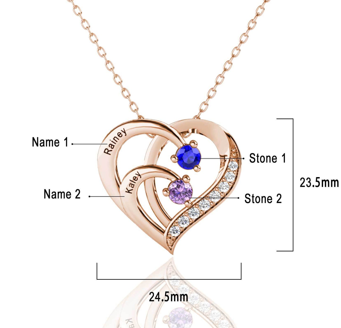 Engraved 2 Names Heart Necklace with 2 Birthstones