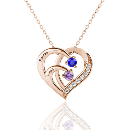 Engraved 2 Names Heart Necklace with 2 Birthstones