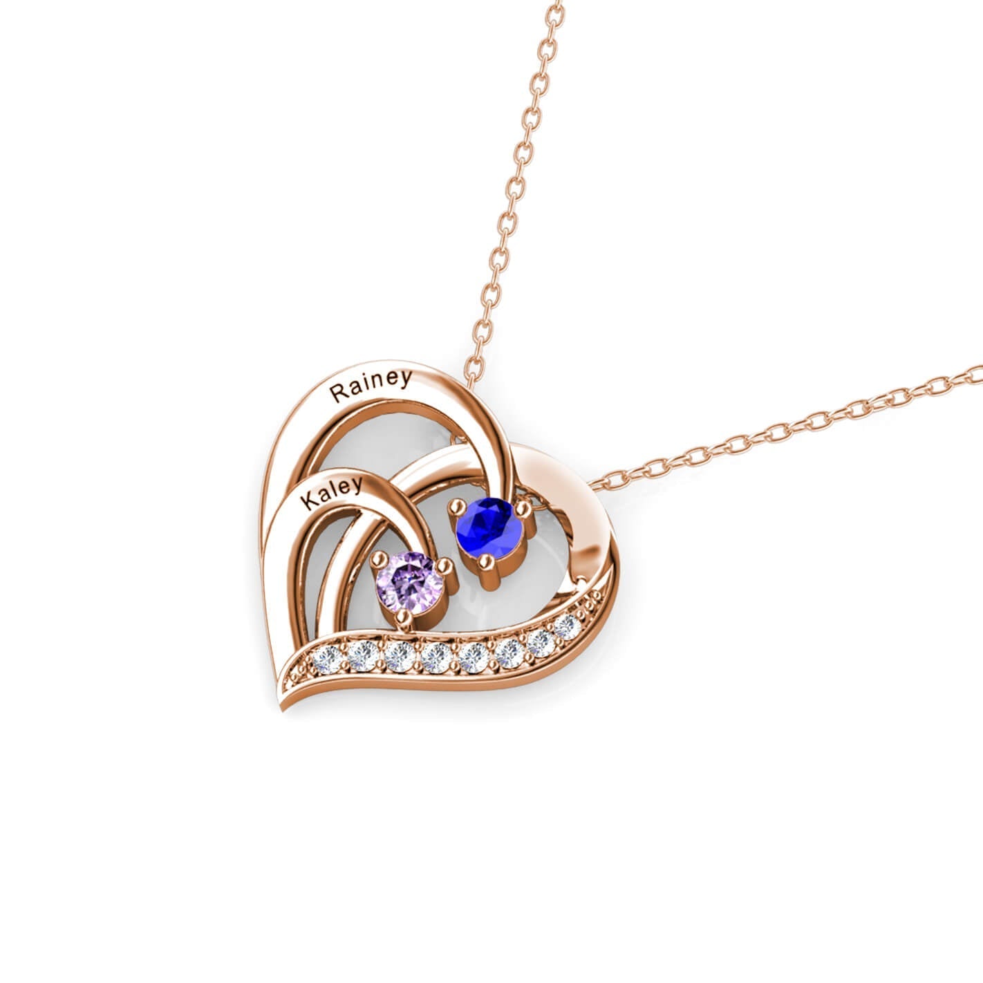 Engraved 2 Names Heart Necklace with 2 Birthstones