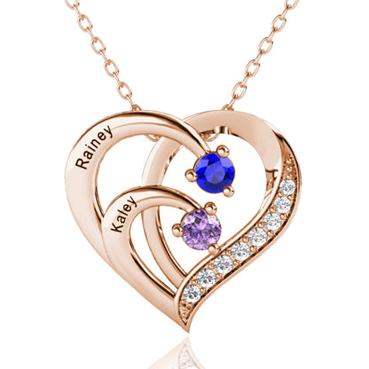 Engraved 2 Names Heart Necklace with 2 Birthstones