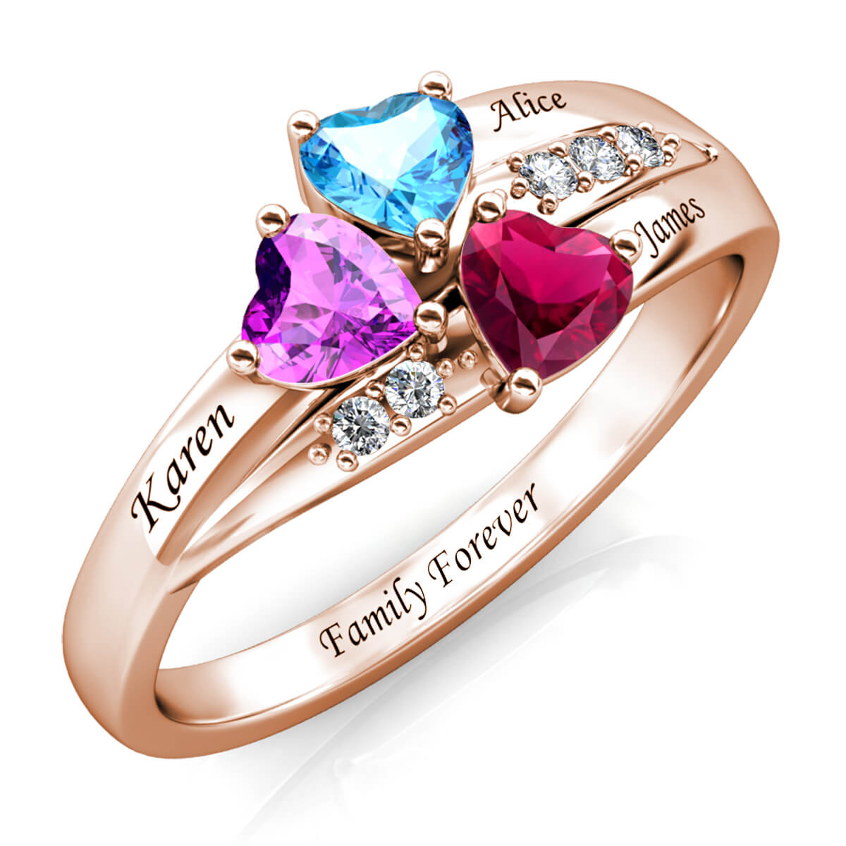 Custom Three Birthstones Ring for Mom - Rose Gold