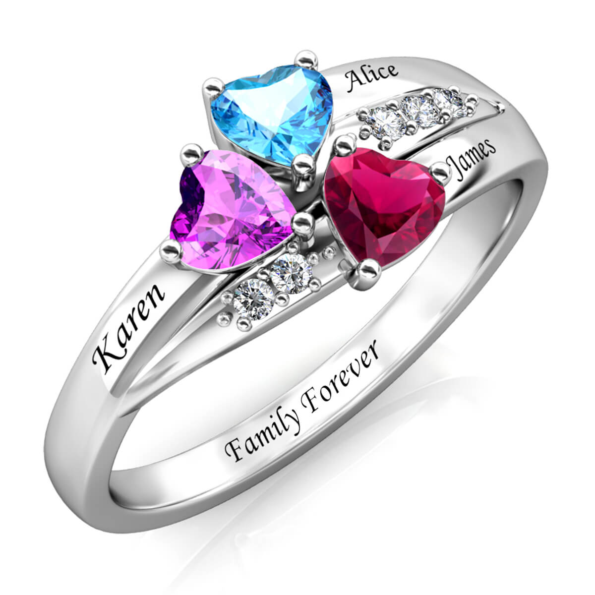 Three Birthstones Ring for Mom - Custom Names and Birthstones