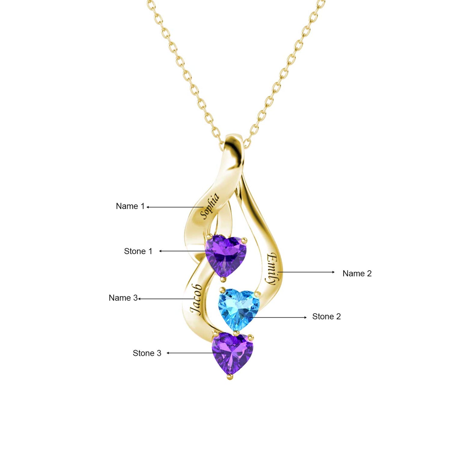 3 Name Necklace with 3 Birthstones