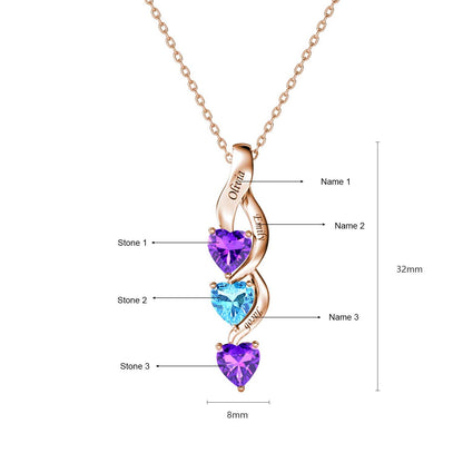 3 Name Necklace with 3 Birthstones