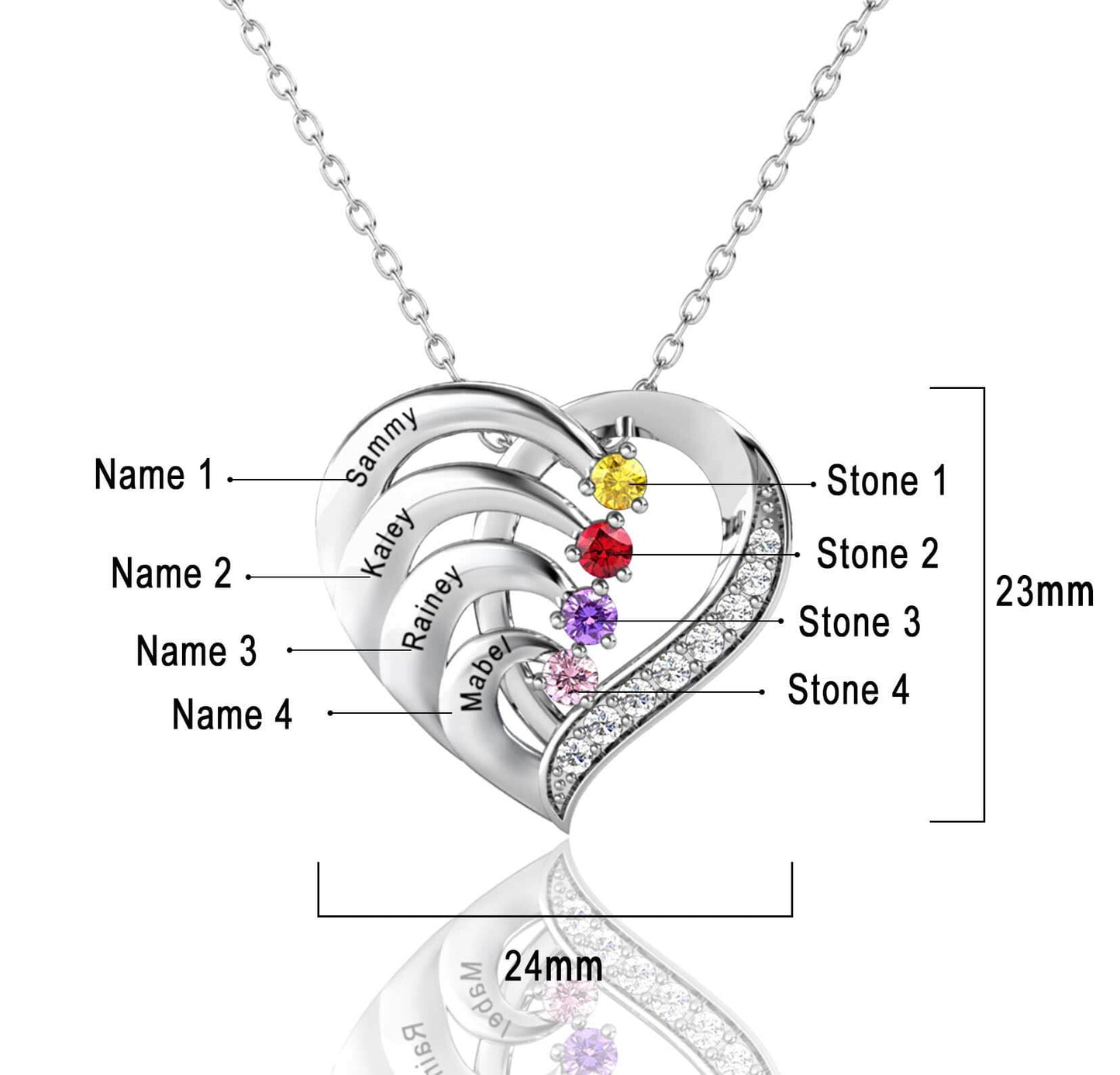 4 Name Necklace with 4 Birthstones