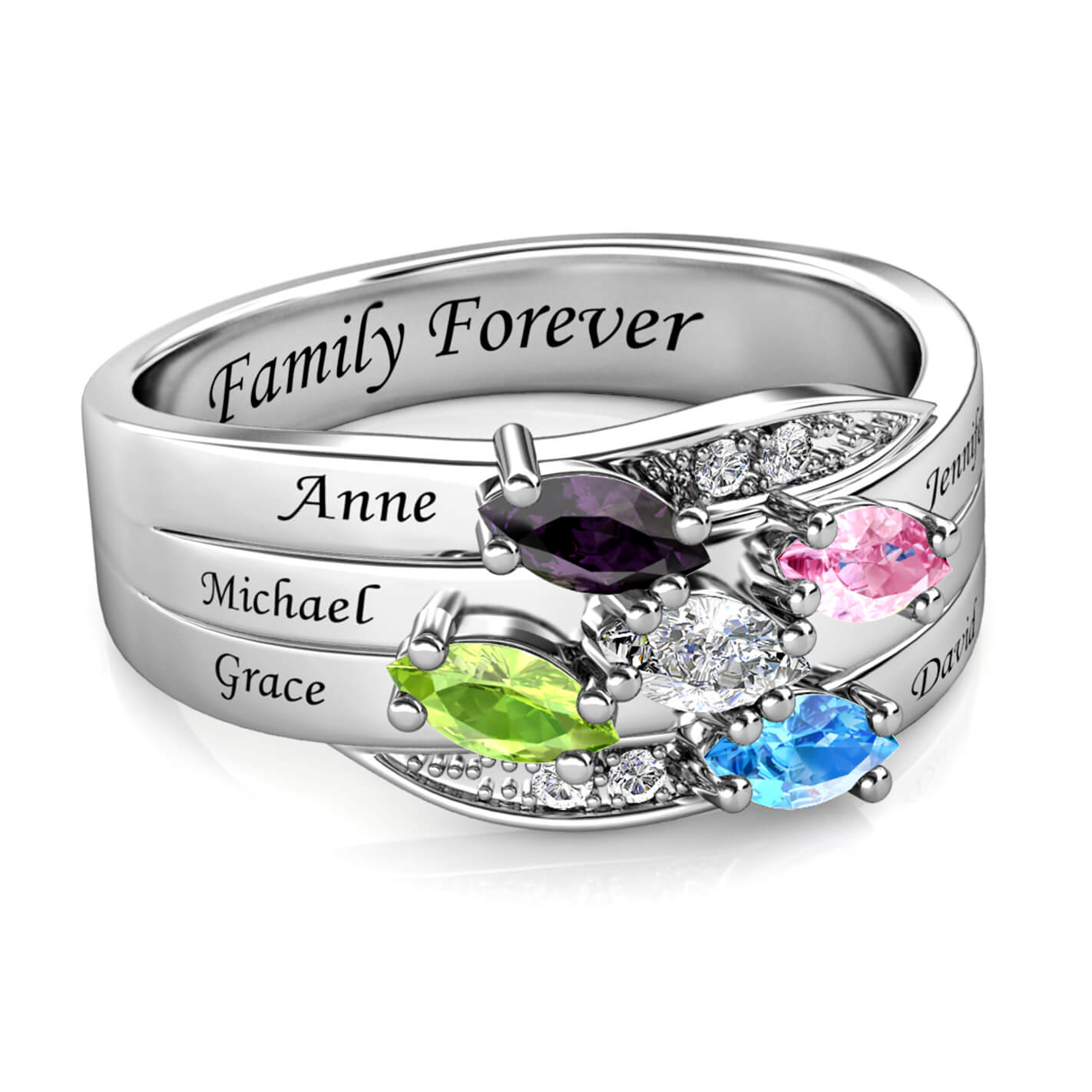 Custom Five Birthstones Ring for Mom - Silver