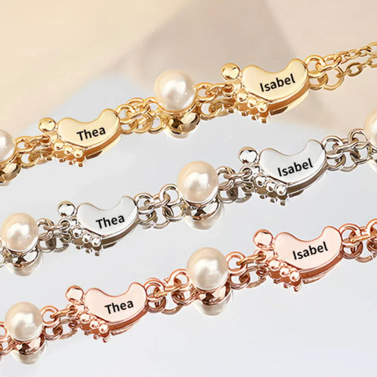 Personalised 1-5 Baby Feet Necklace, Engraved Name Necklace, Pearl Personalised Necklace for Mum