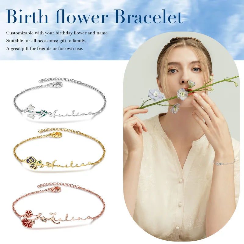 Birth Flower Personalised Name Bracelet, Personalised Birthstone Bracelet with Birth Flower, Personalised Birth Flower Jewellery for Women