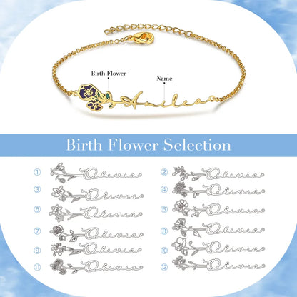 Birth Flower Personalised Name Bracelet, Personalised Birthstone Bracelet with Birth Flower, Personalised Birth Flower Jewellery for Women