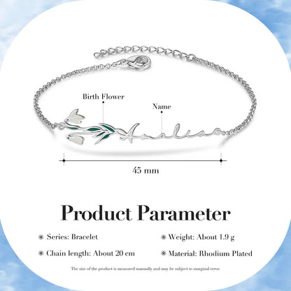 Birth Flower Personalised Name Bracelet, Personalised Birthstone Bracelet with Birth Flower, Personalised Birth Flower Jewellery for Women