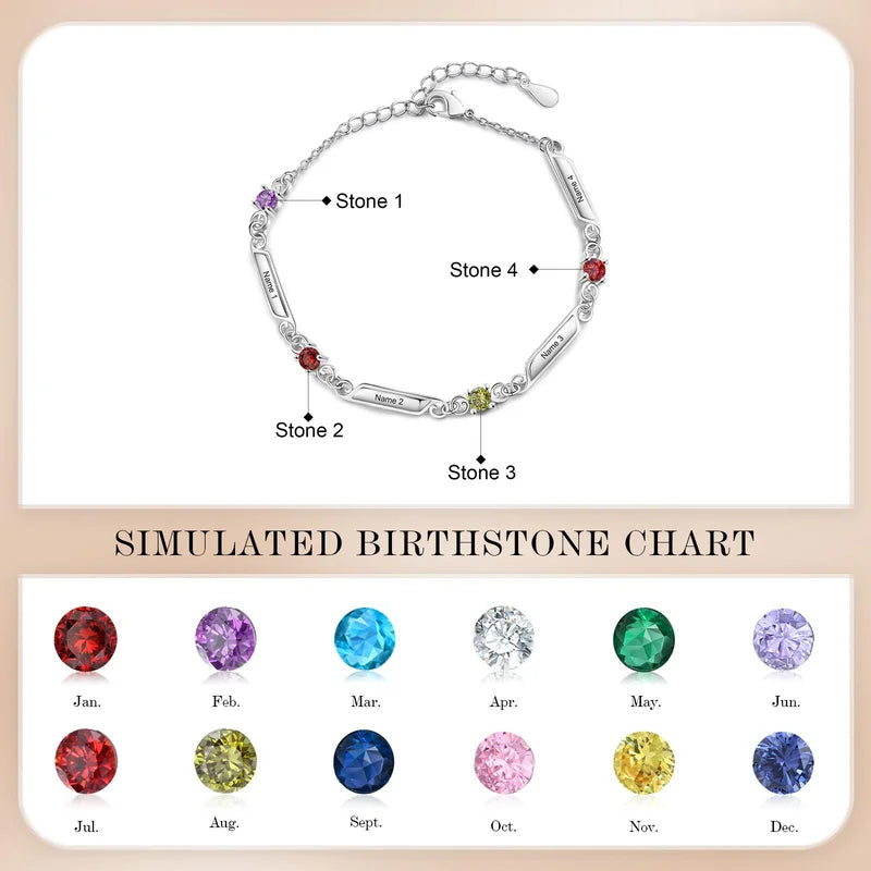 Engraved Name Bracelet | Personalized Birthstone Bracelet | Up to 5 Name and Birthstones