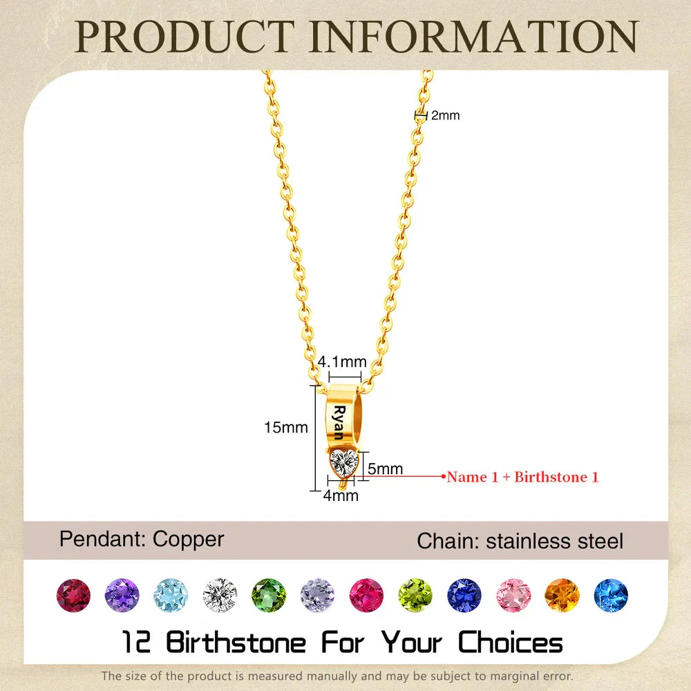 Personalised Necklace 1-5 Engraved Charms, Customised Heart Birthstone Necklace, Engraved Names Necklace