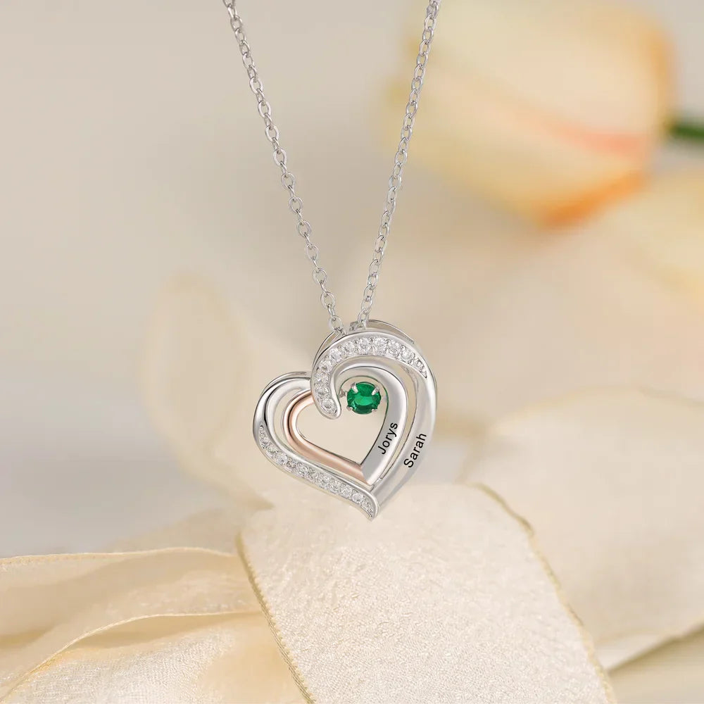 Personalised Heart Necklace for Mum, Birthstone Personalised Necklace for Mum, Engraved Names Personalised Jewellery for Mums