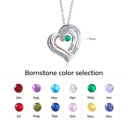 Personalised Heart Necklace for Mum, Birthstone Personalised Necklace for Mum, Engraved Names Personalised Jewellery for Mums