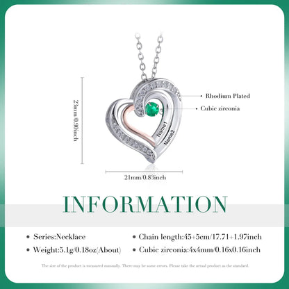 Personalised Heart Necklace for Mum, Birthstone Personalised Necklace for Mum, Engraved Names Personalised Jewellery for Mums