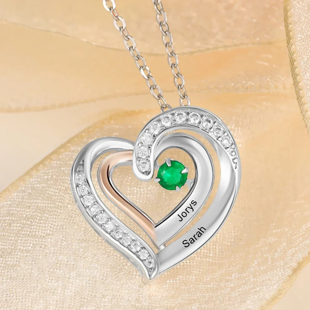 Personalised Heart Necklace for Mum, Birthstone Personalised Necklace for Mum, Engraved Names Personalised Jewellery for Mums