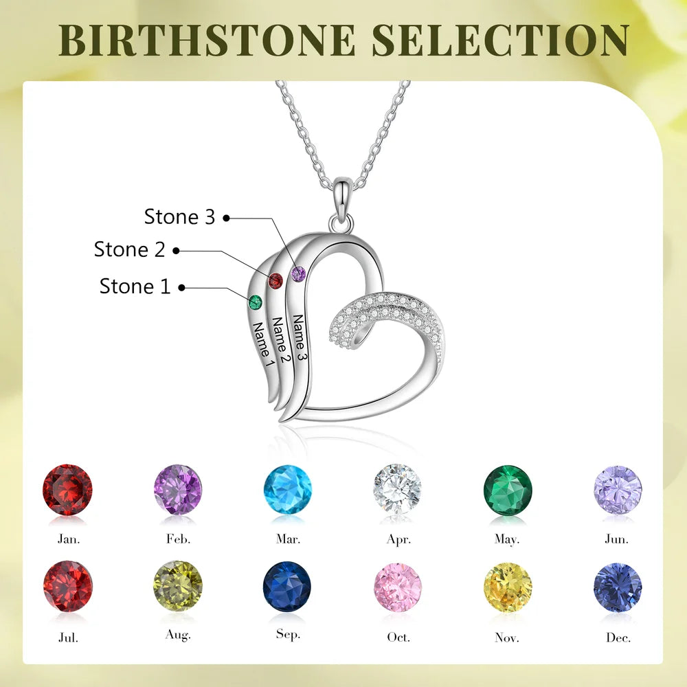 Personalised Heart Shaped Necklace with 2-5 Birthstones and Names, Name Engraved Necklace for Mum, Birthstone Jewellery for Women