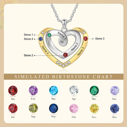 Personalised Heart Shaped Necklace with 2-4 Name and Birthstones, Personalised Necklace for Mum, Personalised Gift for Women