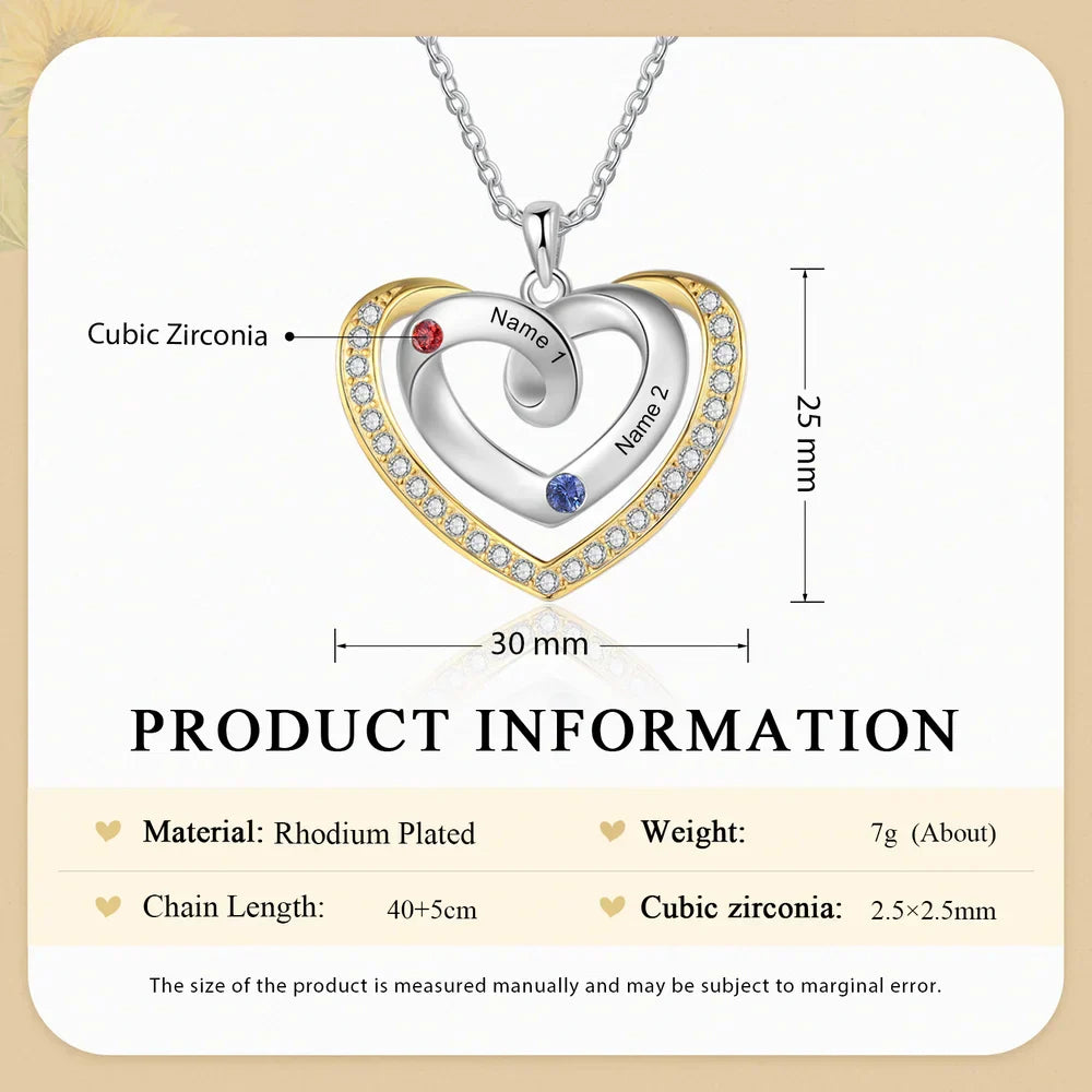 Personalised Heart Shaped Necklace with 2-4 Name and Birthstones, Personalised Necklace for Mum, Personalised Gift for Women