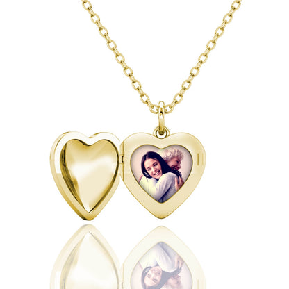 Heart Photo Locket Necklace with Picture Inside - Gold