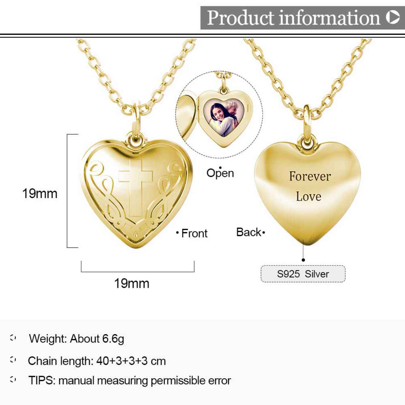 Heart Photo Locket Necklace with Picture Inside - Gold