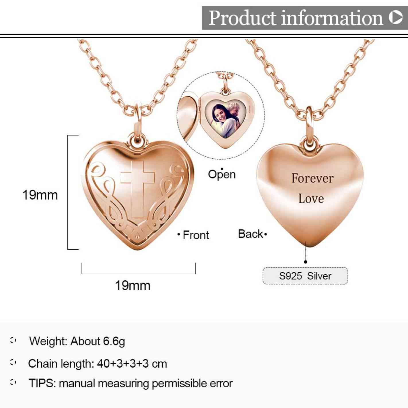 Heart Photo Locket Necklace with Picture Inside - Rose Gold