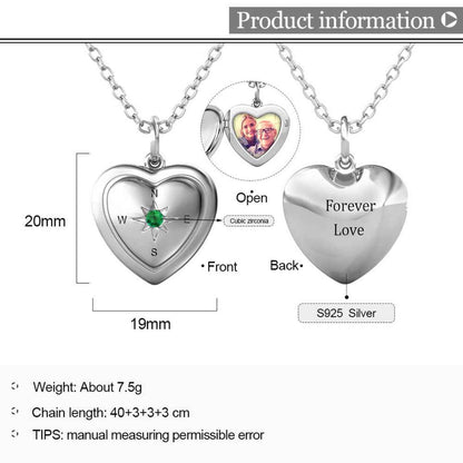 Heart Photo Locket Necklace with Picture Inside - Silver