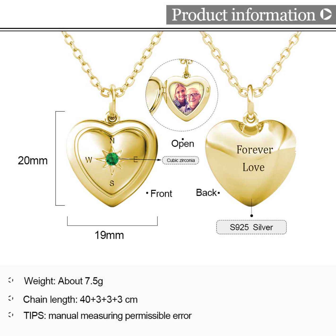 Heart Photo Locket Necklace with Picture Inside - Gold