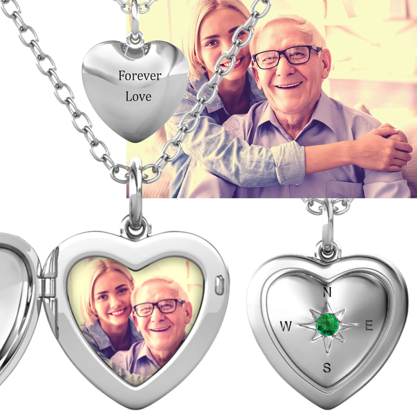 Heart Photo Locket Necklace with Picture Inside - Silver