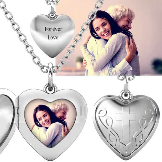 Heart Photo Locket Necklace with Picture Inside - Silver