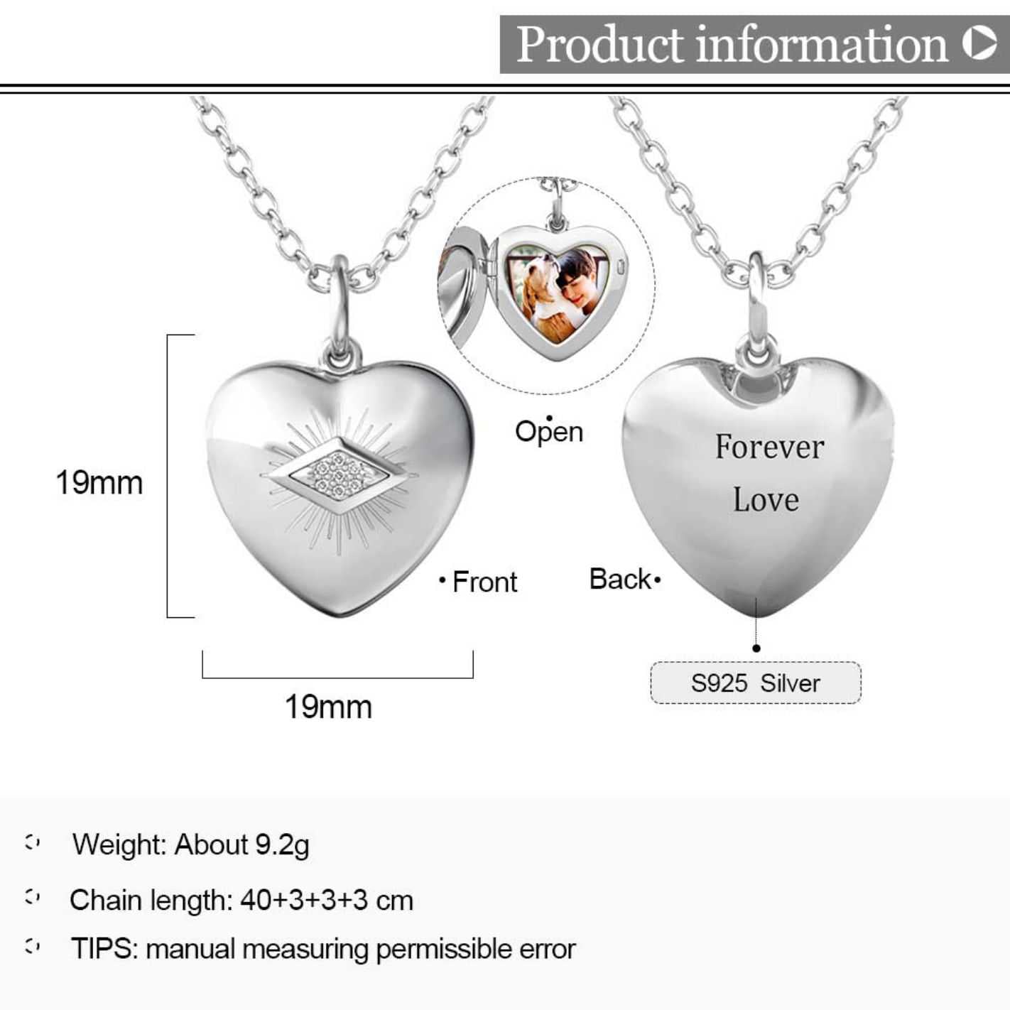 Heart Photo Locket Necklace with Picture Inside - Silver