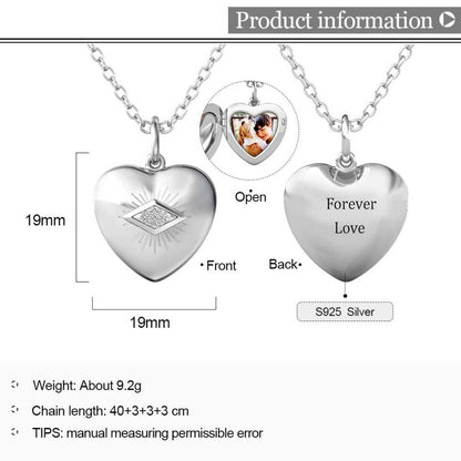 Heart Photo Locket Necklace with Picture Inside - Silver