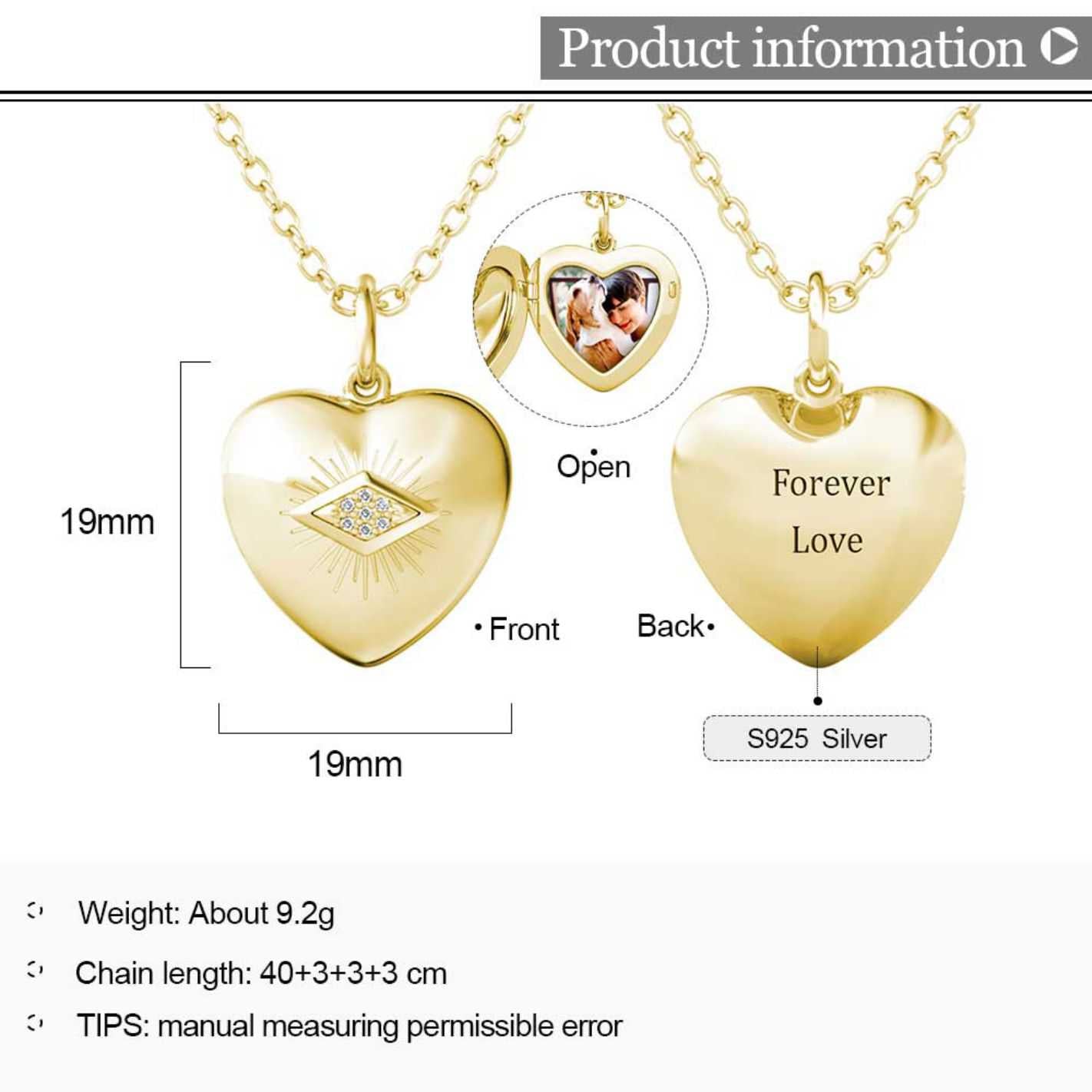 Heart Photo Locket Necklace with Picture Inside - Gold