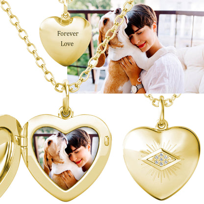 Heart Photo Locket Necklace with Picture Inside - Gold