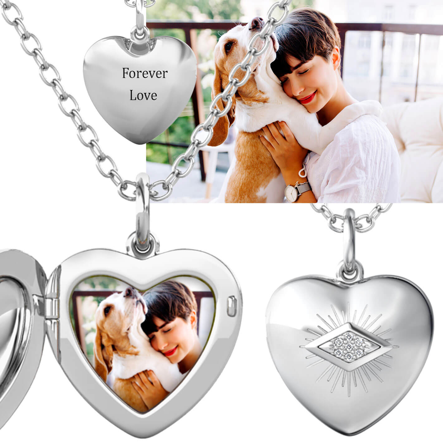 Heart Photo Locket Necklace with Picture Inside - Silver