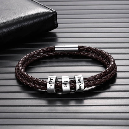 Men's Leather Bracelet - 3 Beads