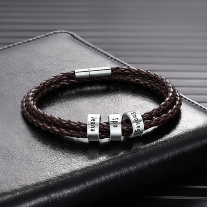 Men's Leather Bracelet - 3 Beads