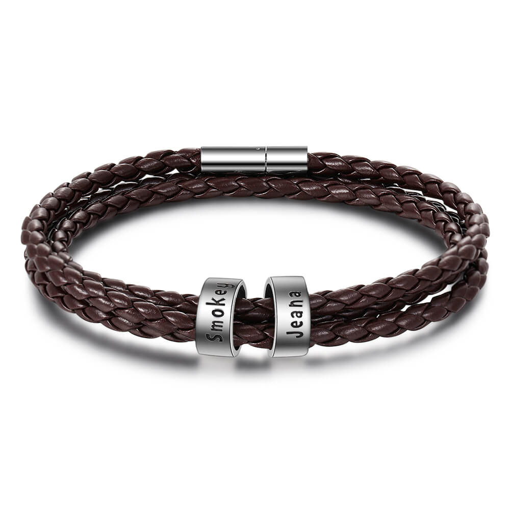 Men's Leather Bracelet - 2 Beads