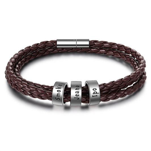 Men's Leather Bracelet - 3 Beads