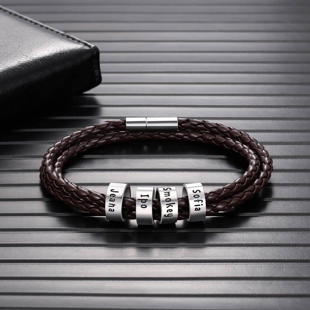 Men's Leather Bracelet - 4 Beads