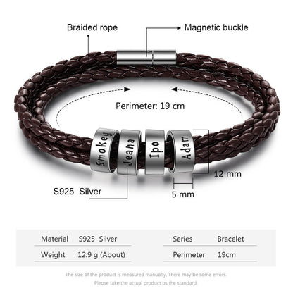 Men's Leather Bracelet - 4 Beads